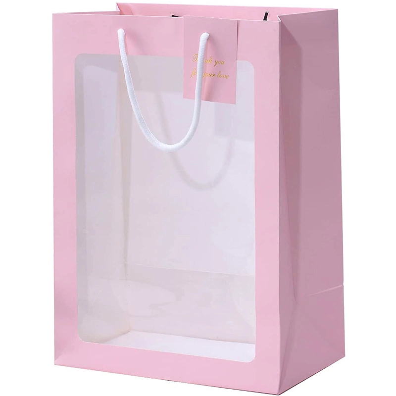 Custom Printed Premium Pink Packaging Gift Paper Bag with PVC Window Factory Cosmetic Paper Bag