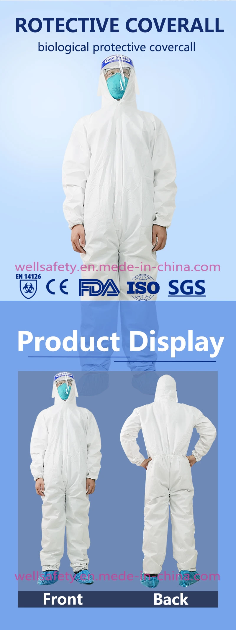 Factory Price En14126 Tyvek Coverall Cat3 SMS+PE 60g Coverall Chemical Reusable Isolation Gowns Protective Clothing Type 5/6 Washable Coverall Tyvek 400