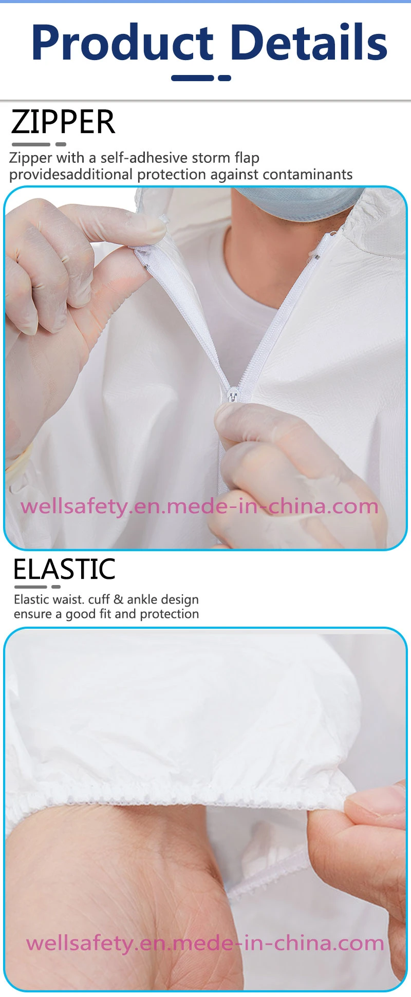 Factory Price En14126 Tyvek Coverall Cat3 SMS+PE 60g Coverall Chemical Reusable Isolation Gowns Protective Clothing Type 5/6 Washable Coverall Tyvek 400