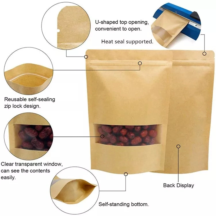 Amazon Top Seller 2023 White/Brown Packaging Kraft Paper Zip Window Packaging Bags/Coffe Bags