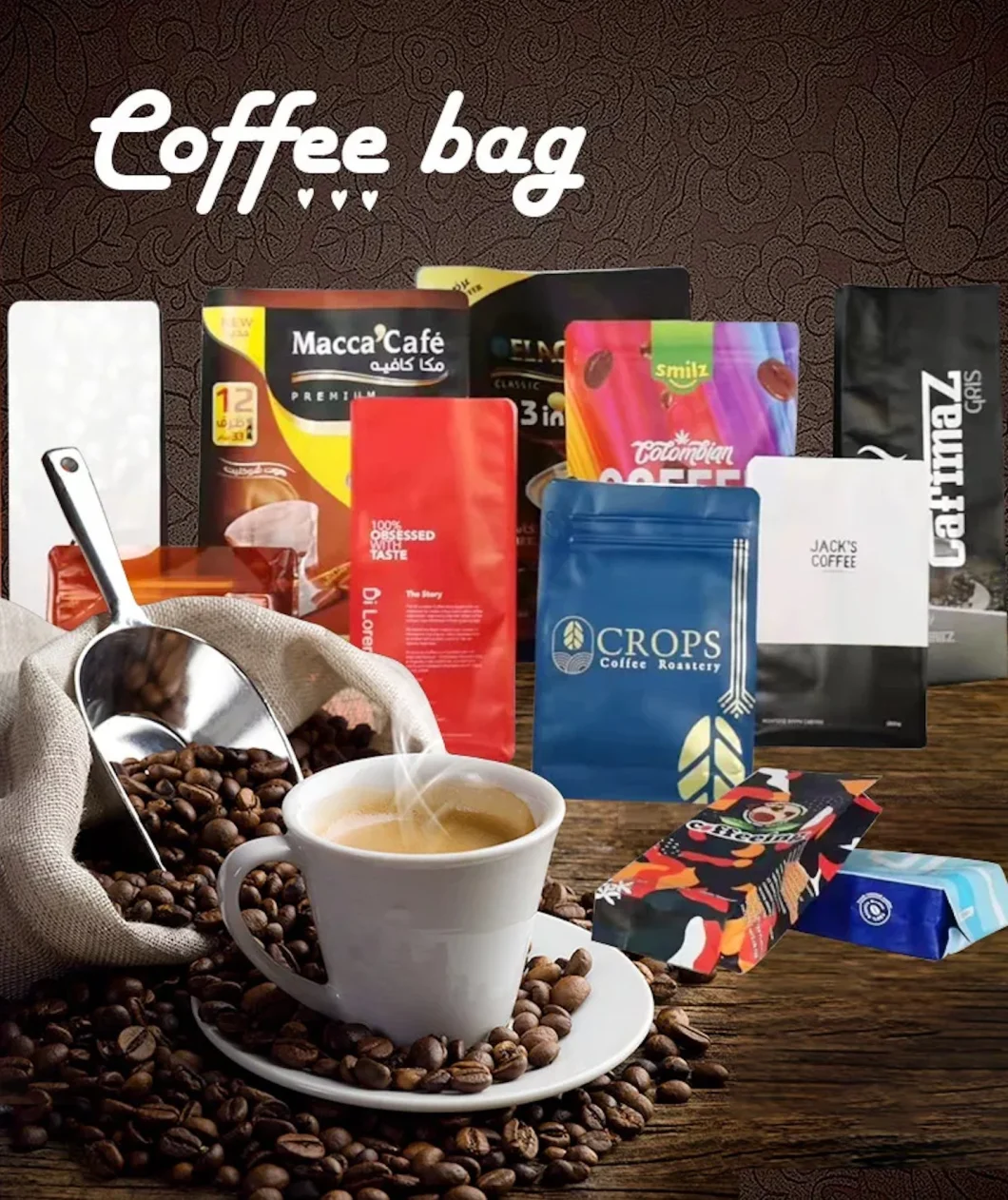 Matte Effect Gravure Digital Printingc coffee Bean Package Plastic Bag Side Gusset Mylar Bag