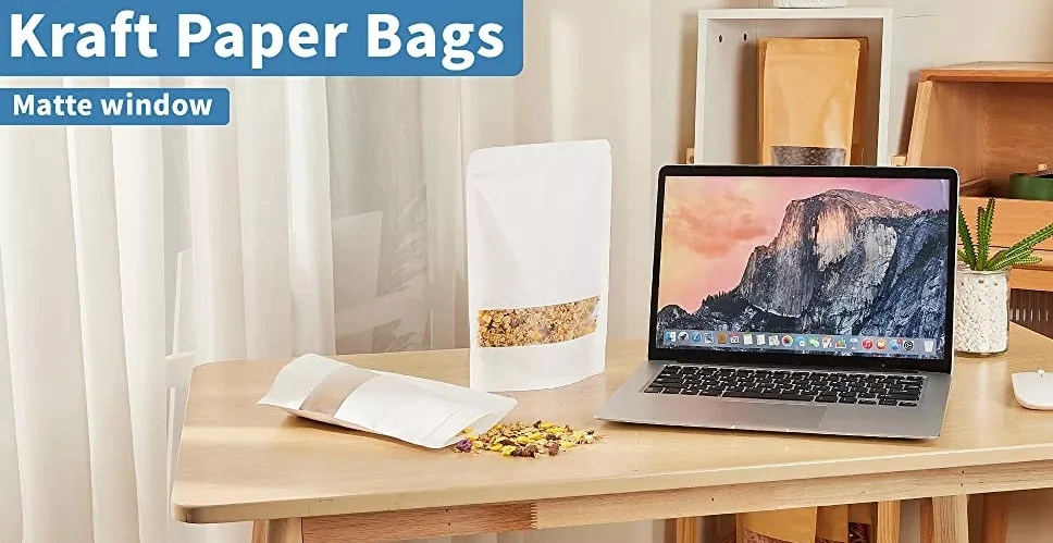 Amazon Top Seller 2023 White/Brown Packaging Kraft Paper Zip Window Packaging Bags/Coffe Bags
